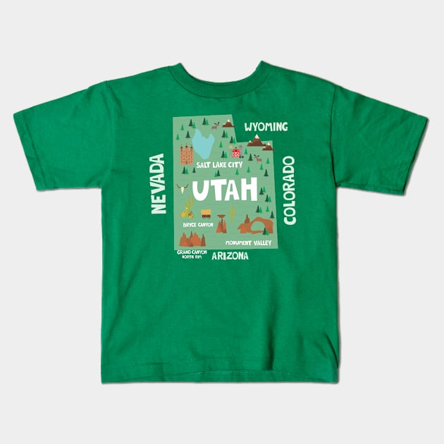 Utah State USA Illustrated Map Kids T-Shirt by JunkyDotCom